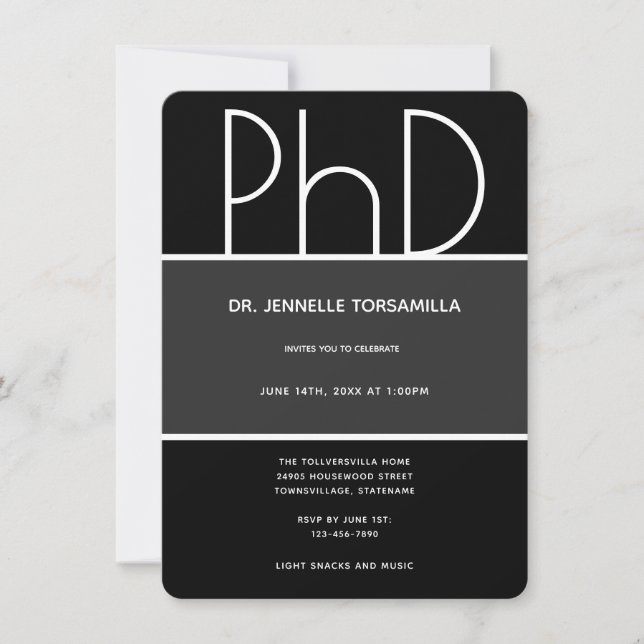 PhD degree Black Gray White Vertical Graduation Invitation (Front)