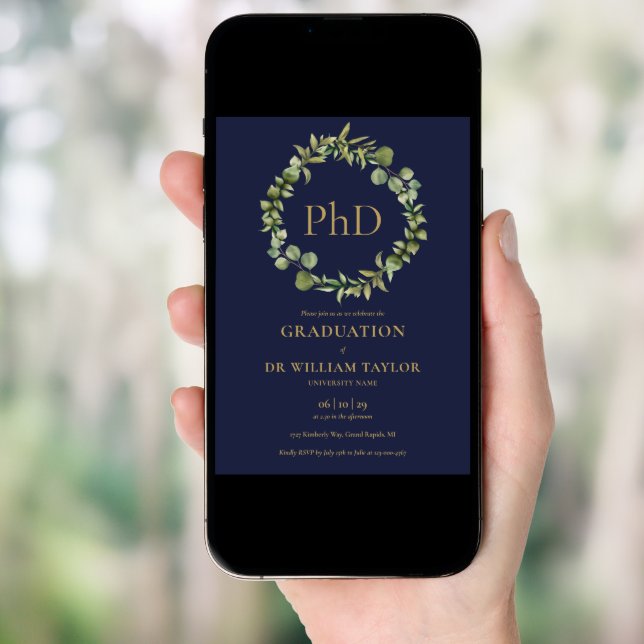 PhD Degree Blue Garland Photo Graduation Party Invitation (Front Digital)