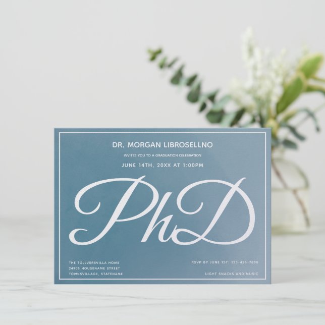 PhD degree Blue Graduation Party Invitation (Standing Front)