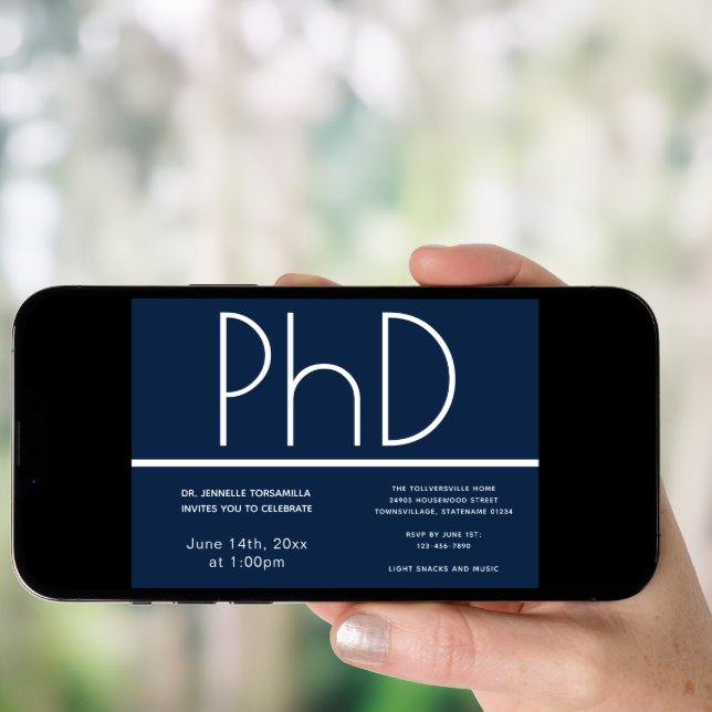 PhD degree Blue White Graduation Party Invitation (Front Digital)