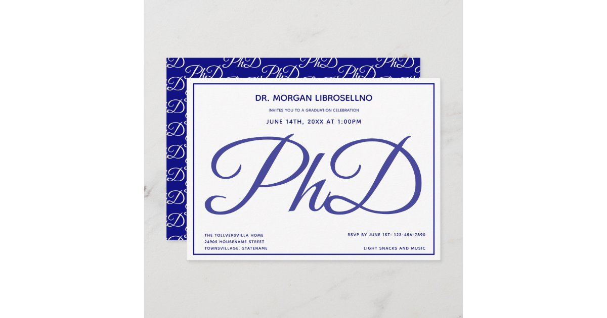 PhD degree Blue White Graduation Party Invitation Zazzle