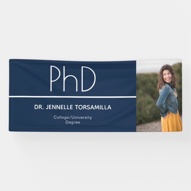 PhD degree Blue White Graduation Photo Celebration Banner (Horizontal)