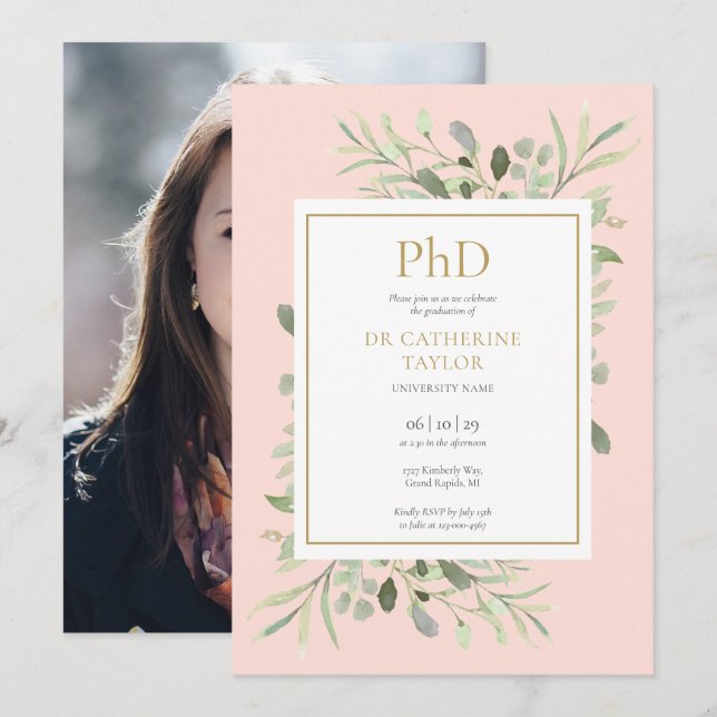 Phd Degree Blush Pink Greenery Photo Graduation Invitation (Front/Back)
