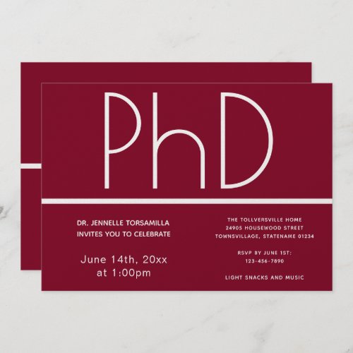 PhD degree Burgundy Graduation Party Invitation
