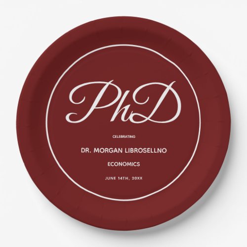 PhD degree Burgundy Graduation Party Paper Plates