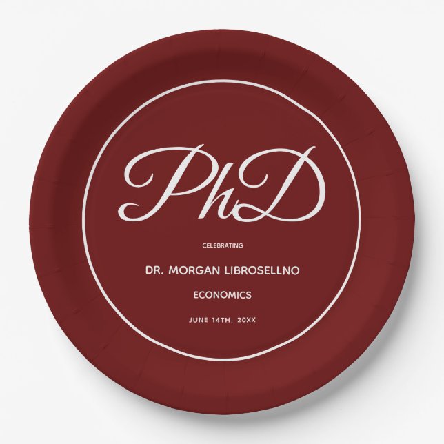 PhD degree Burgundy Graduation Party Paper Plates (Front)