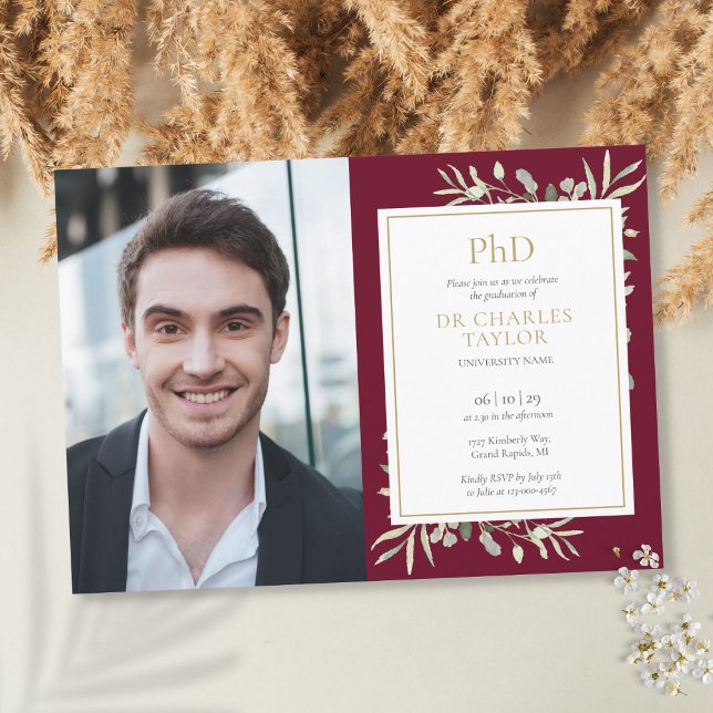 PhD Degree Burgundy Greenery Graduation Photo Invitation (Creator Uploaded)