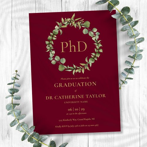 PhD Degree Burgundy Red Garland  Graduation Party Invitation