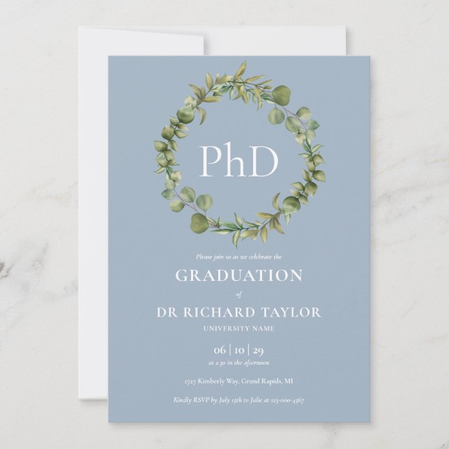 PhD Degree Dusty Blue Garland Graduation Invitation (Front)