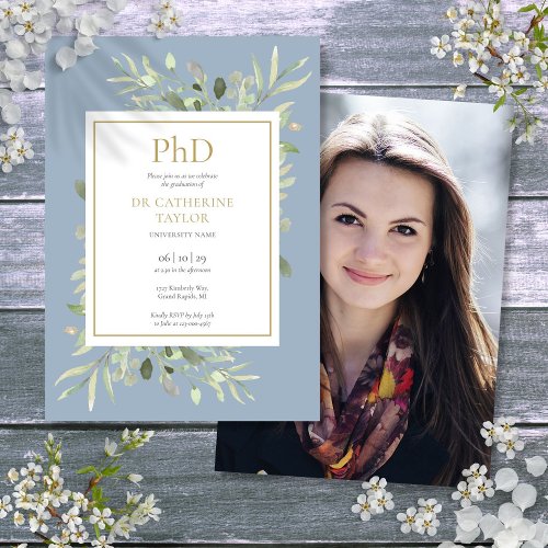 Phd Degree Dusty Blue Greenery Photo Graduation Invitation