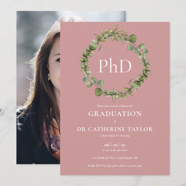 PhD Degree Dusty Rose Garland Photo Graduation Invitation (Front/Back)