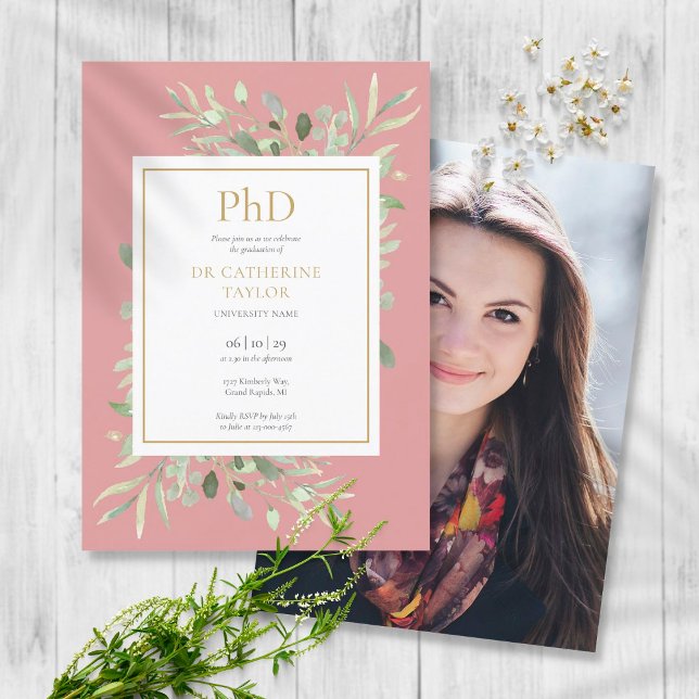 Phd Degree Dusty Rose Greenery Photo Graduation Invitation (Creator Uploaded)