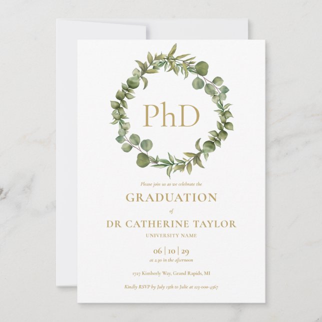 PhD Degree Elegant Garland Graduation Party  Invitation (Front)