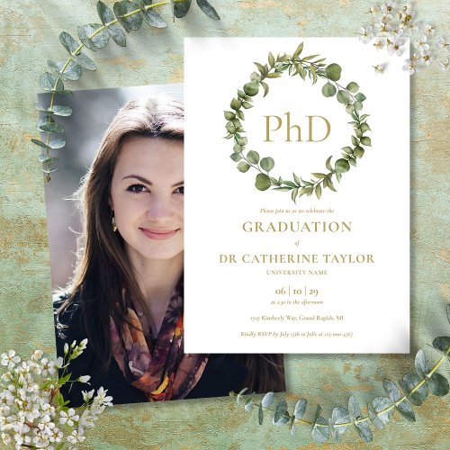 PhD Degree Elegant Garland Photo Graduation Party  Invitation