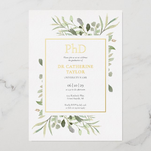 Phd Degree Elegant Greenery Photo Graduation Gold Foil Invitation (Front)
