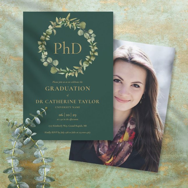 PhD Degree Emerald Garland Photo Graduation Party Invitation