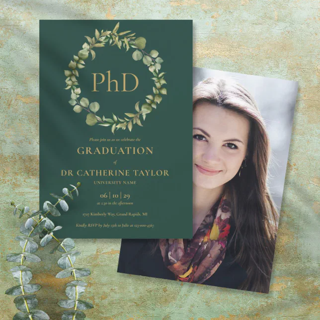 PhD Degree Emerald Garland Photo Graduation Party Invitation | Zazzle