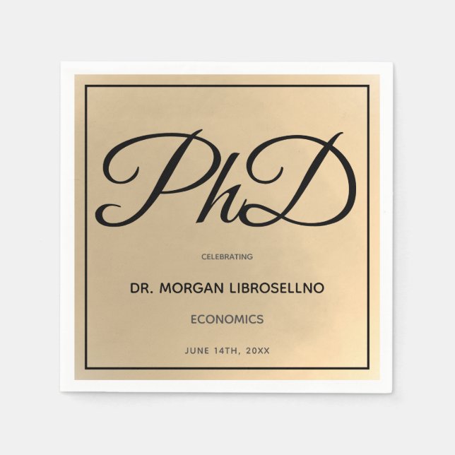 PhD degree Gold Black Graduation Party Napkins (Front)