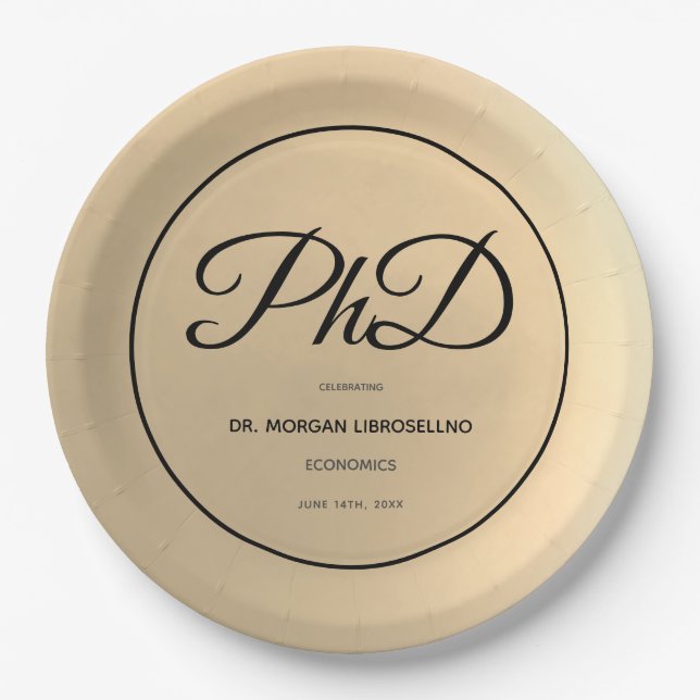 PhD degree Gold Black Graduation Party Paper Plates (Front)