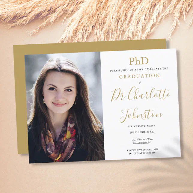 PhD Degree Gold Script Graduation Party Photo Invitation | Zazzle