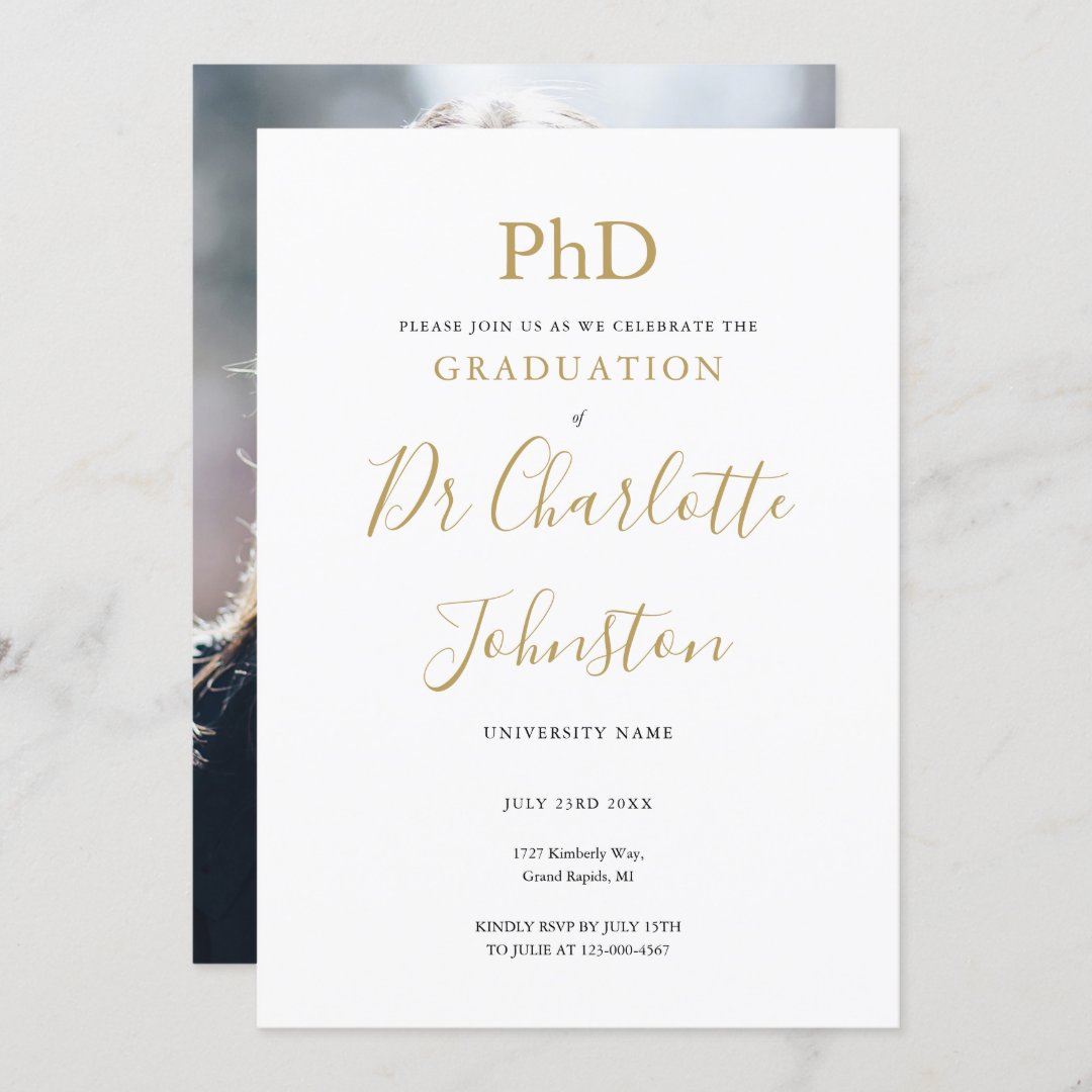 PhD Degree Gold Script Photo Graduation Party Invitation | Zazzle