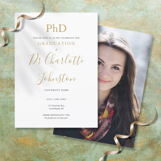 Phd Degree Gold Script Photo Graduation Party Invitation 