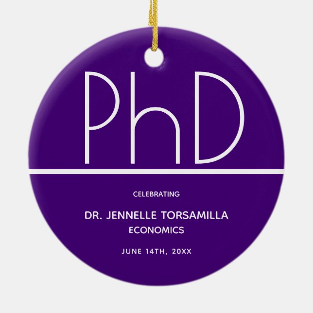 PhD degree Graduation Purple Keepsake Ceramic Ornament (Back)