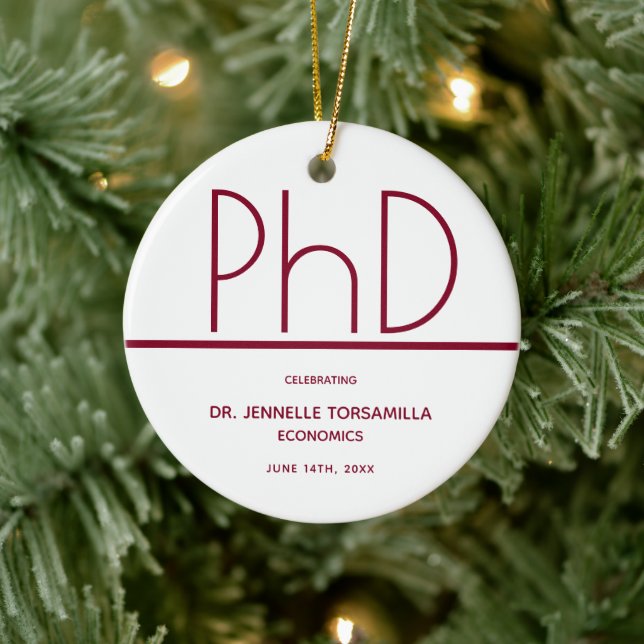 PhD degree Graduation White Burgundy Keepsake Ceramic Ornament (Tree)