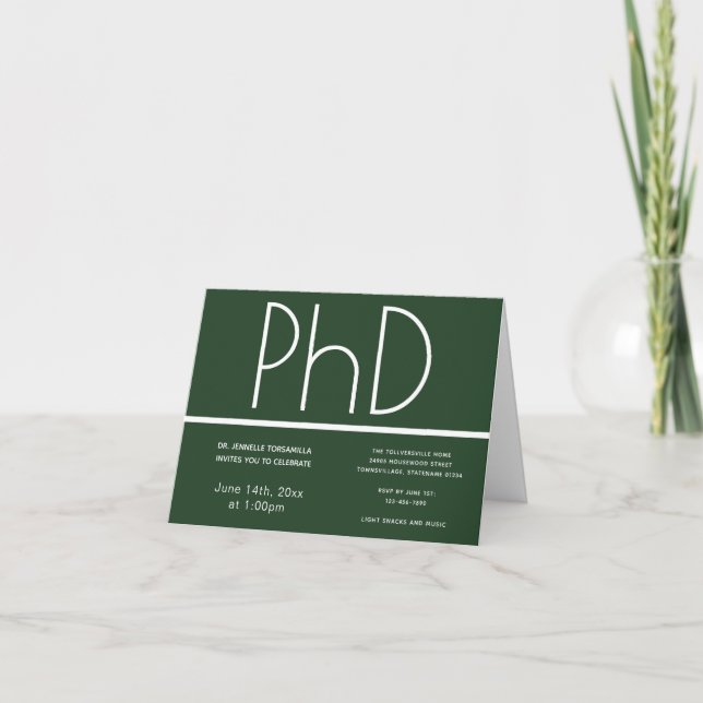 PhD degree Green White Folded Graduation Party Invitation (Front)