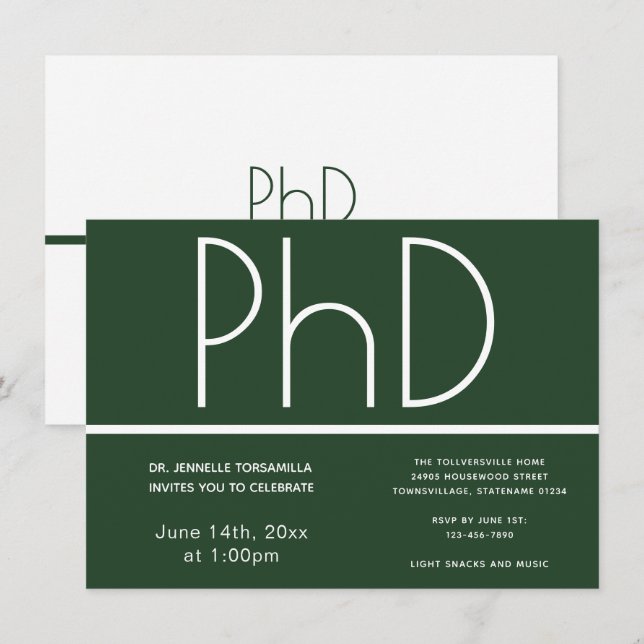 PhD degree Green White Graduation Party Invitation (Front/Back)