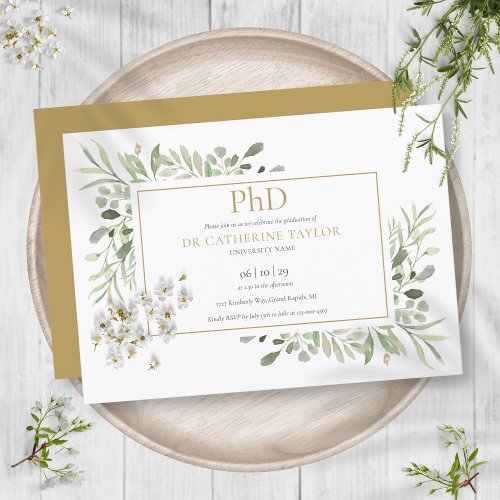 Phd Degree Greenery Foliage Gold Graduation Invitation