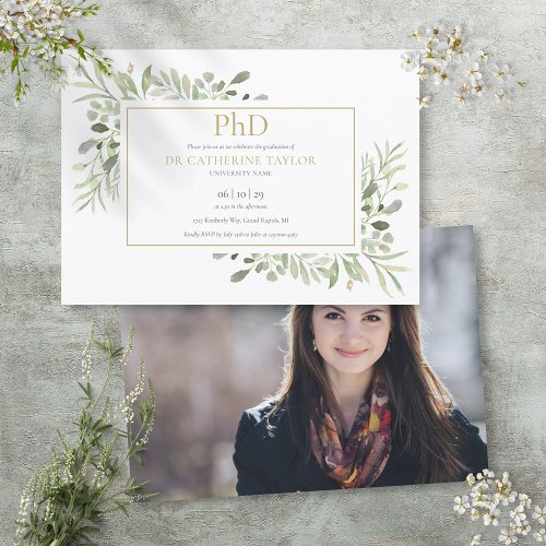 Phd Degree Greenery Foliage Photo Graduation Invitation