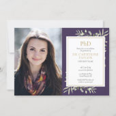 PhD Degree Greenery Purple Gold Graduation Photo Invitation (Front)