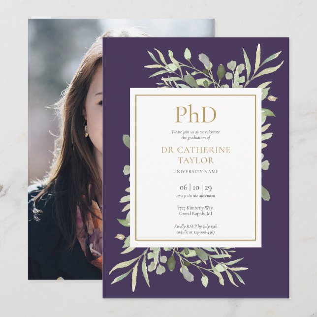 Phd Degree Greenery Purple Photo Graduation Invitation (Front/Back)