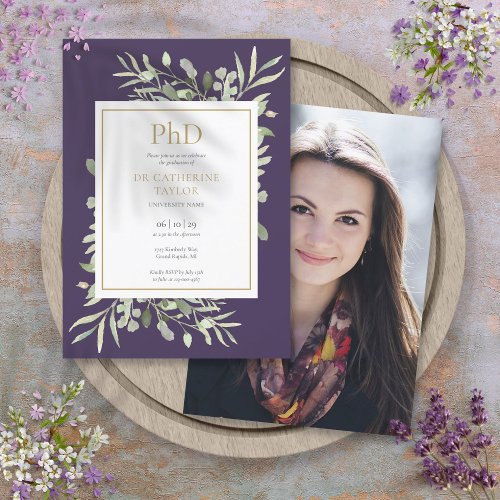 Phd Degree Greenery Purple Photo Graduation Invitation