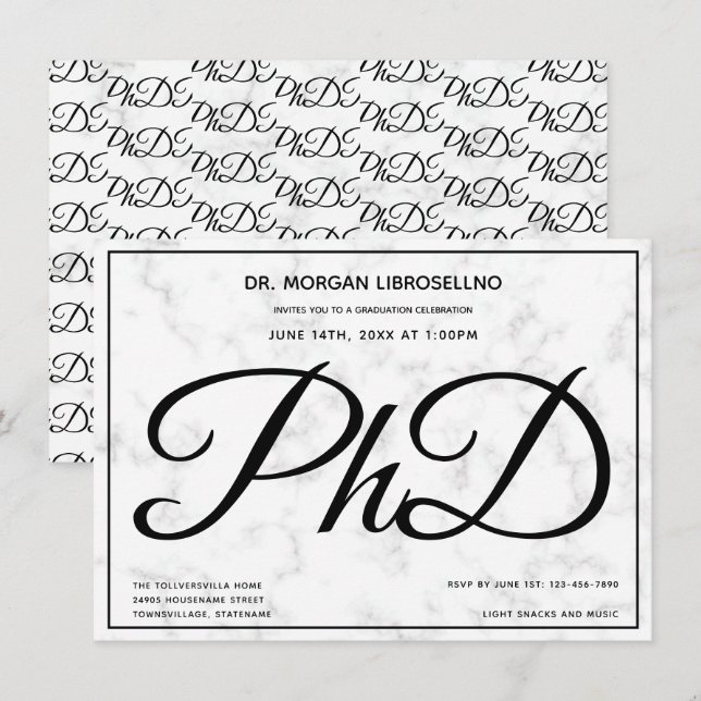 PhD degree Marble Graduation Party Invitation (Front/Back)