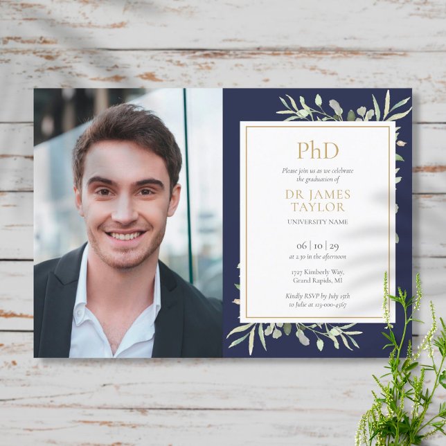 PhD Degree Navy Blue Greenery Graduation Photo Invitation (Creator Uploaded)