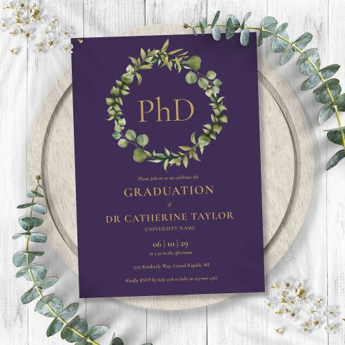 PhD Degree Purple Garland Graduation Party Invitation