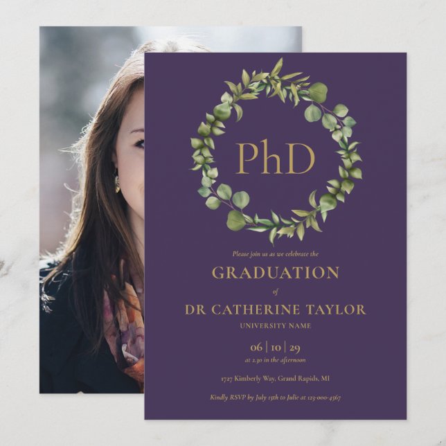 PhD Degree Purple Garland Photo Graduation Party Invitation (Front/Back)