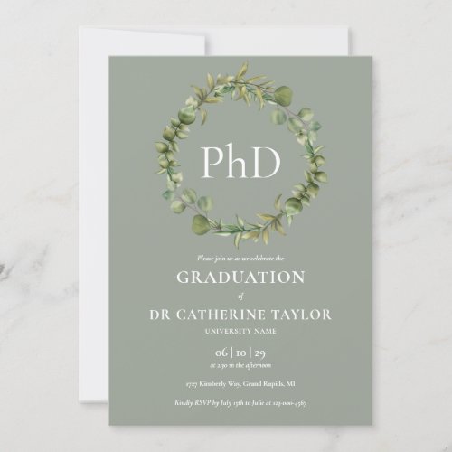 PhD Degree Sage Green Garland Graduation Party Invitation