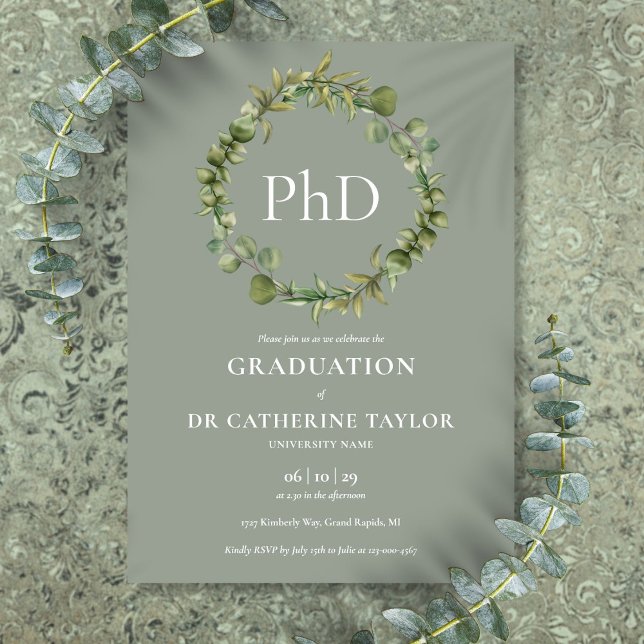 PhD Degree Sage Green Garland Graduation Party Invitation (PhD Degree Sage Green Garland Graduation Party Invitation)