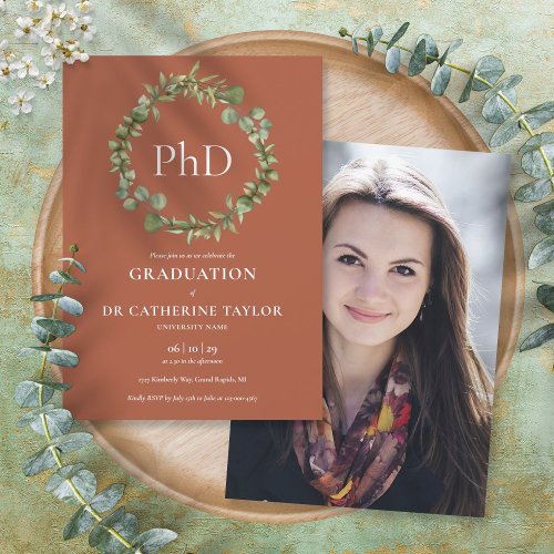 PhD Degree Terracotta Garland Photo Graduation Invitation