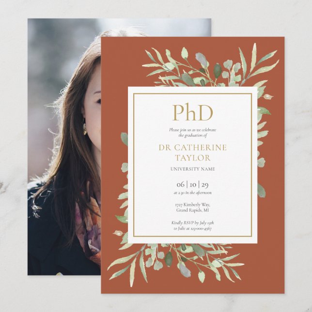 Phd Degree Terracotta Greenery Photo Graduation Invitation (Front/Back)