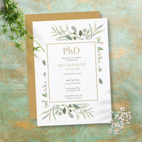 Phd Degree Watercolor Greenery Gold Graduation Invitation