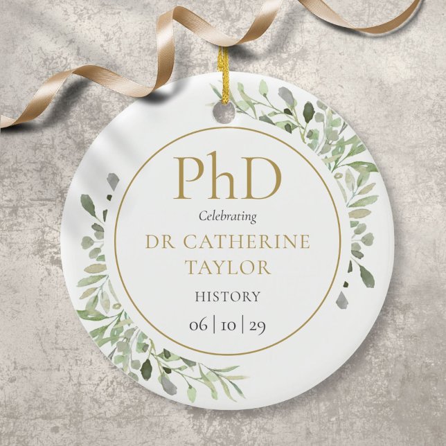 Phd Degree Watercolor Greenery Keepsake Ceramic Ornament (Creator Uploaded)