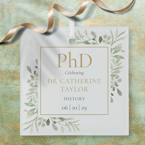 Phd Degree Watercolor Greenery Keepsake Glass Ornament