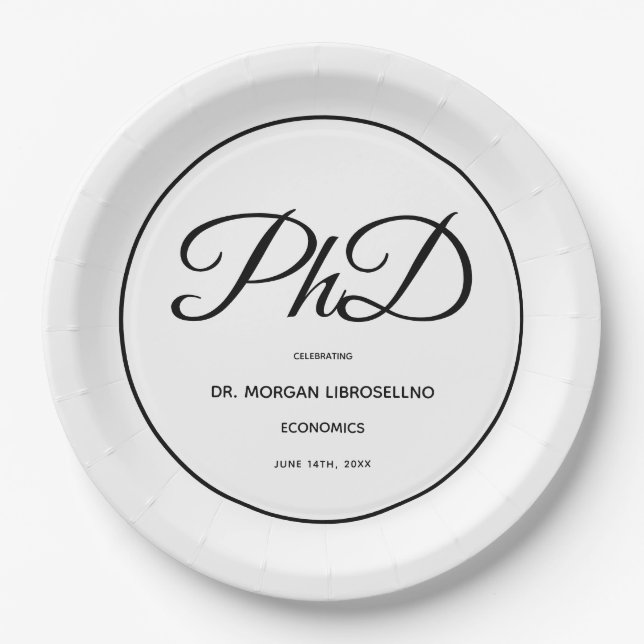 PhD degree White Black Graduation Party Paper Plates (Front)