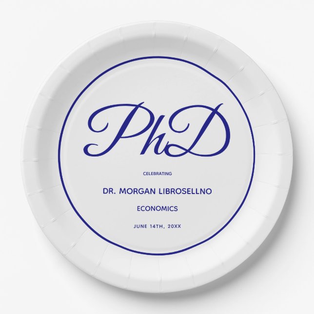 PhD degree White Blue Graduation Party Paper Plates (Front)