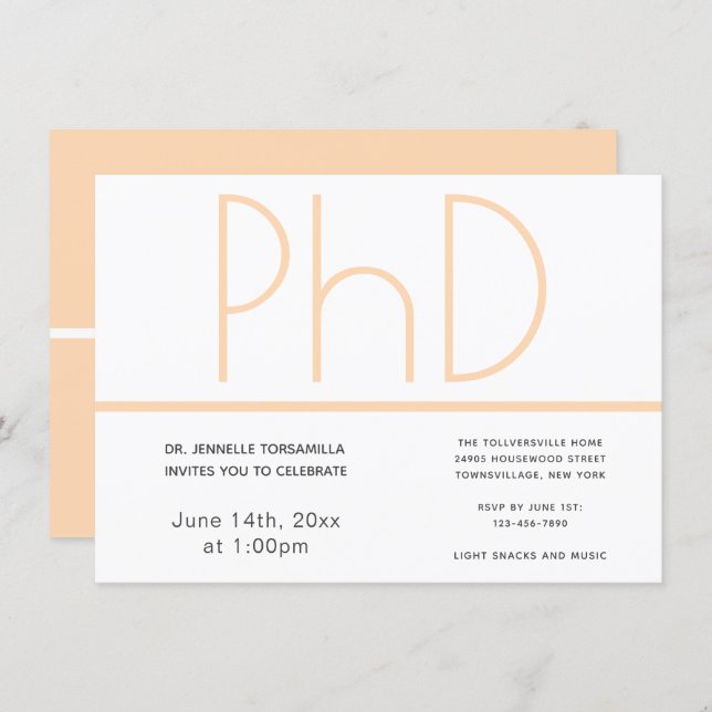 PhD degree White Cream Gray Graduation Party Invitation (Front/Back)