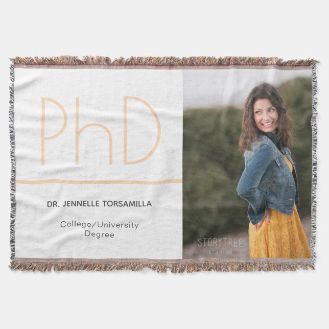 PhD degree White Cream Gray Graduation Photo Throw Blanket (Front)